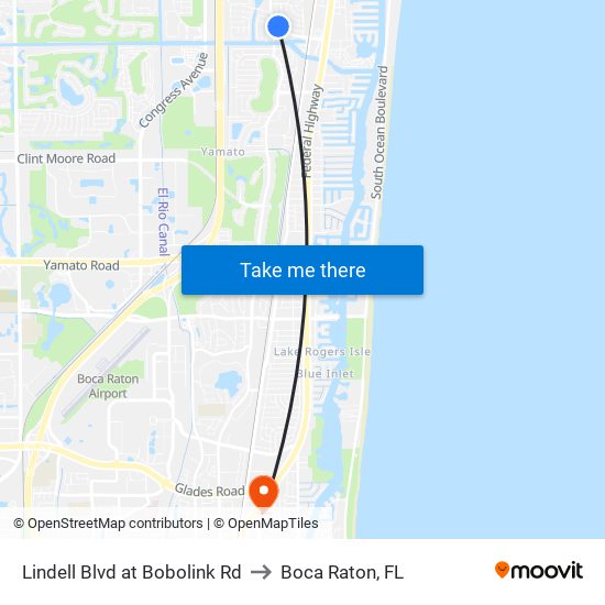 Lindell Blvd at Bobolink Rd to Boca Raton, FL map