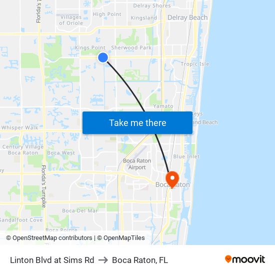 Linton Blvd at Sims Rd to Boca Raton, FL map