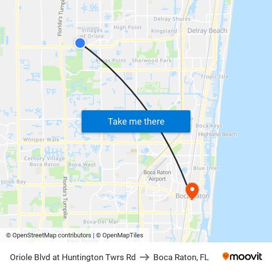 ORIOLE BLVD at HUNTINGTON TWRS RD to Boca Raton, FL map