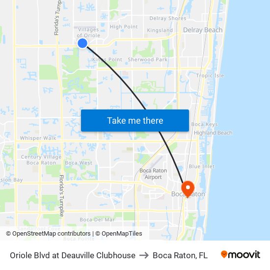 Oriole Blvd at Deauville Clubhouse to Boca Raton, FL map