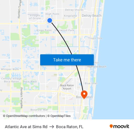Atlantic Ave at Sims Rd to Boca Raton, FL map