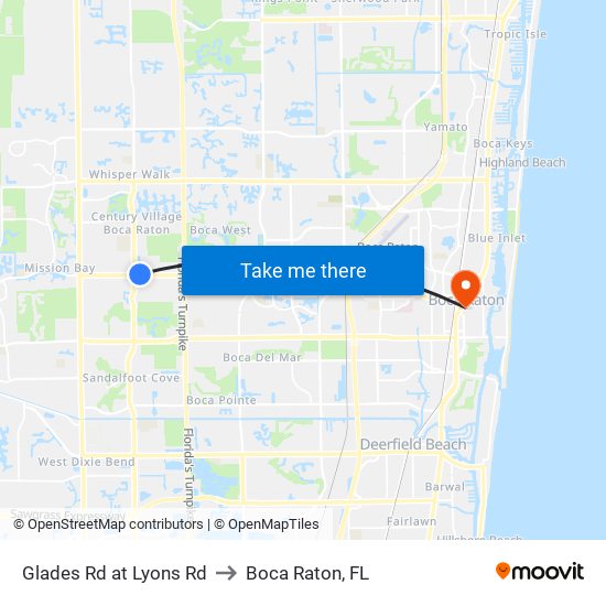 Glades Rd at Lyons Rd to Boca Raton, FL map