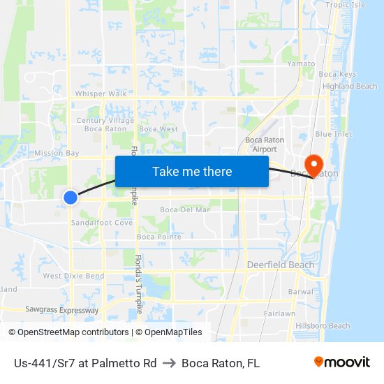 Us-441/Sr7 at Palmetto Rd to Boca Raton, FL map