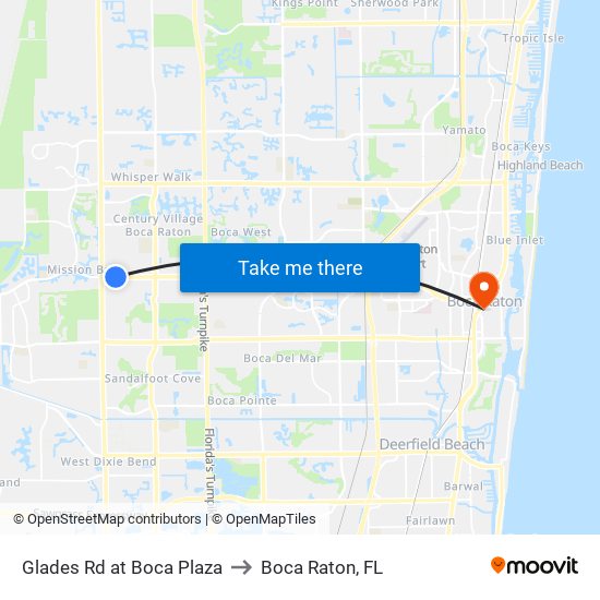 Glades Rd at Boca Plaza to Boca Raton, FL map