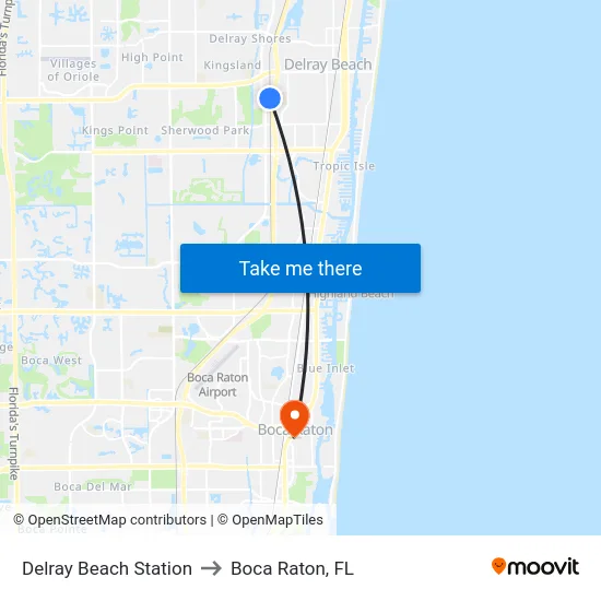 Delray Beach Station to Boca Raton, FL map