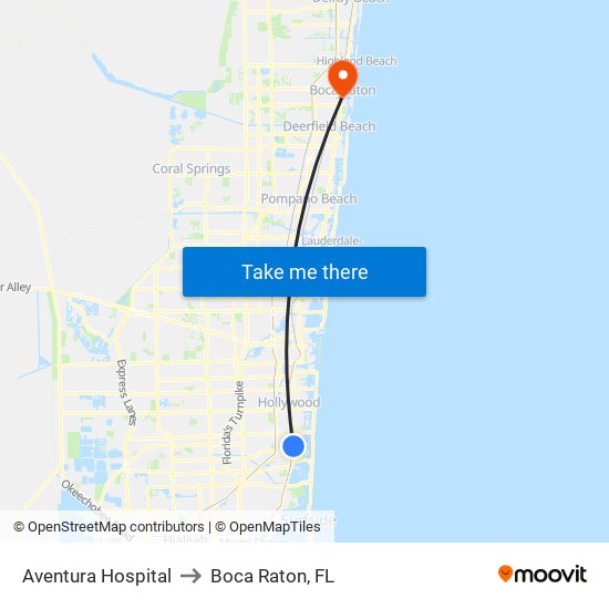 Aventura Hospital to Boca Raton, FL map