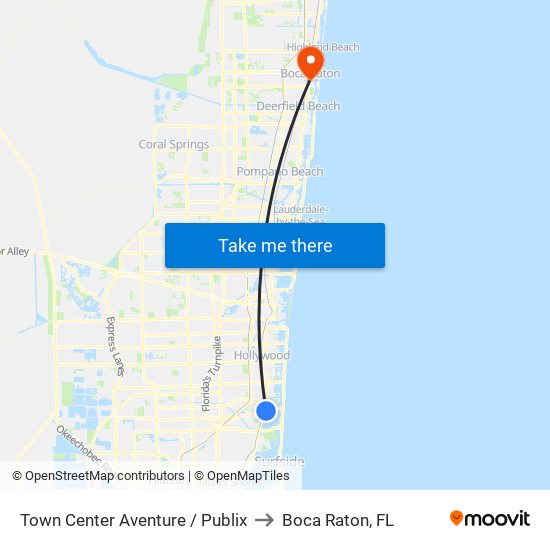 Town Center Aventure / Publix to Boca Raton, FL map