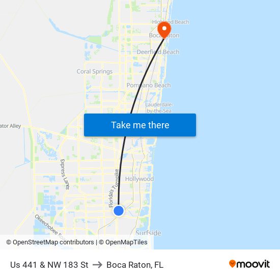 Us 441 & NW 183 St to Boca Raton, FL map