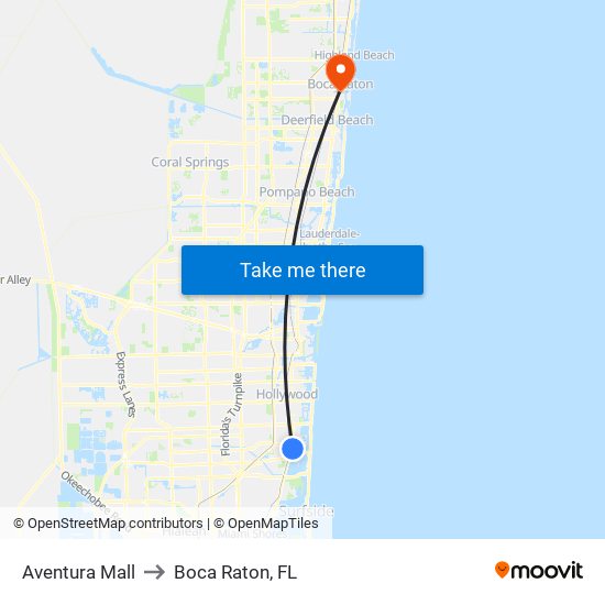 Aventura Mall to Boca Raton, FL map