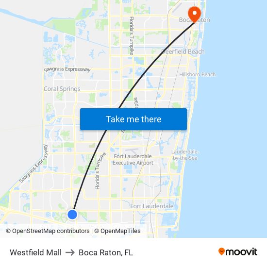 Westfield Mall to Boca Raton, FL map