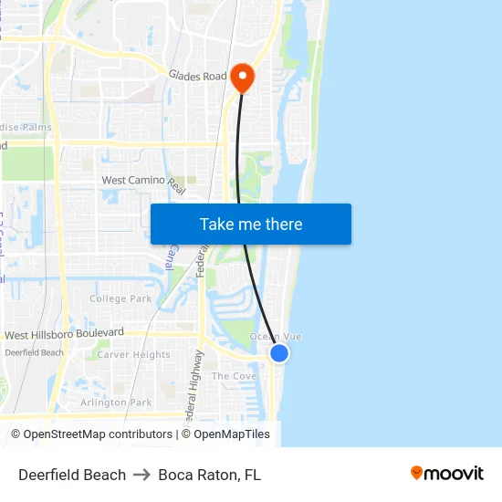 Deerfield Beach to Boca Raton, FL map