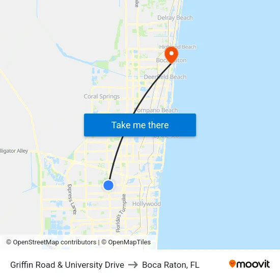Griffin Road & University Drive to Boca Raton, FL map