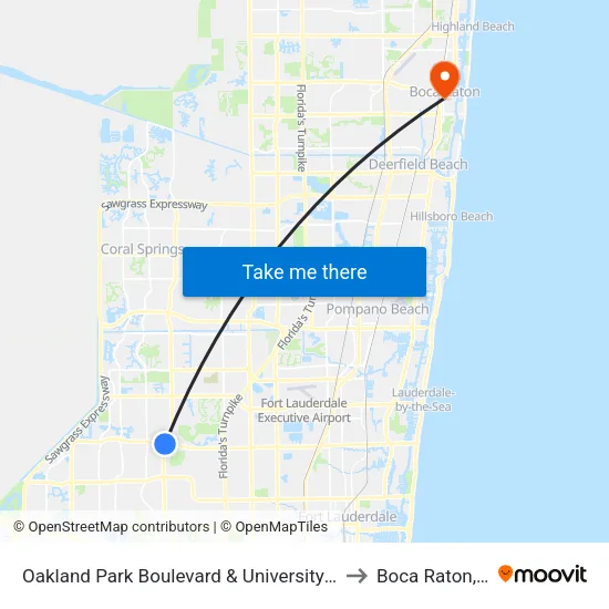 Oakland Park Boulevard & University Drive to Boca Raton, FL map