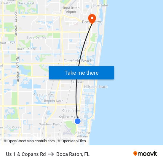 US 1 & Copans Rd to Boca Raton, FL map