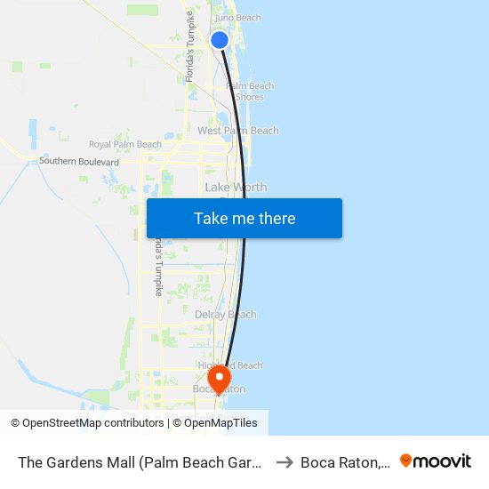 The Gardens Mall (Palm Beach Gardens) to Boca Raton, FL map