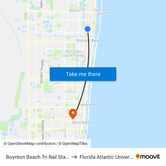 Boynton Beach Tri Rail Station to Florida Atlantic University map