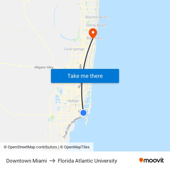 Downtown Miami to Florida Atlantic University map