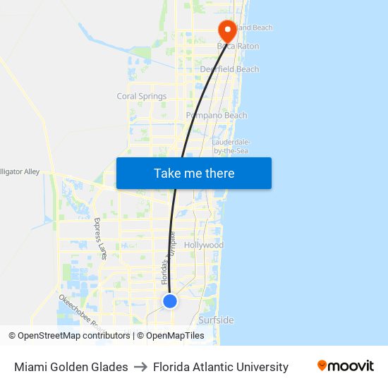 Miami Golden Glades to Florida Atlantic University map