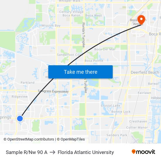 Sample R/Nw 90 A to Florida Atlantic University map