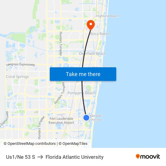 Us1/Ne 53 S to Florida Atlantic University map