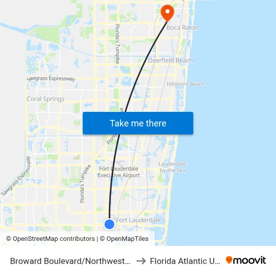 Broward Boulevard/Northwest 29th Avenue to Florida Atlantic University map