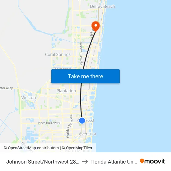 Johnson Street/Northwest 28th Avenue to Florida Atlantic University map