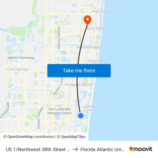 US 1/Northwest 38th Street (North) to Florida Atlantic University map