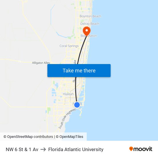 NW 6 St & 1 Av to Florida Atlantic University map