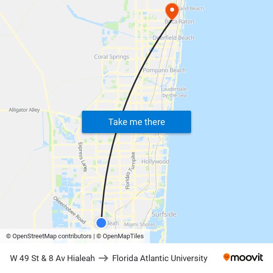 W 49 St & 8 Av Hialeah to Florida Atlantic University map