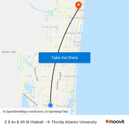 E 8 Av & 49 St Hialeah to Florida Atlantic University map