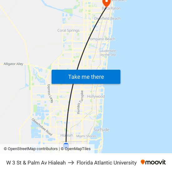 W 3 St & Palm Av Hialeah to Florida Atlantic University map