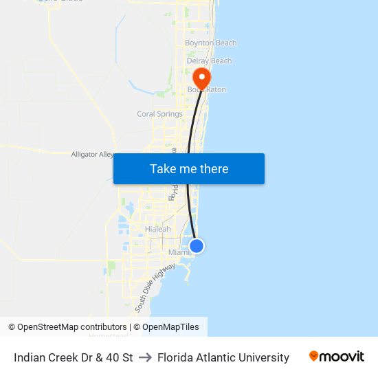 Indian Creek Dr & 40 St to Florida Atlantic University map