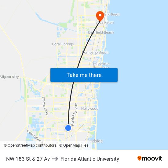 NW 183 St & 27 Av to Florida Atlantic University map