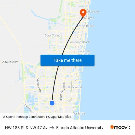 NW 183 St & NW 47 Av to Florida Atlantic University map