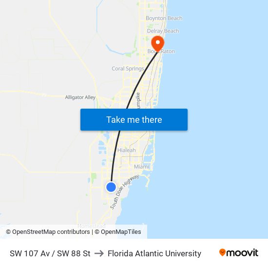 SW 107 Av / SW 88 St to Florida Atlantic University map