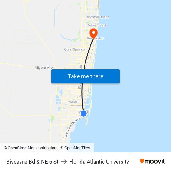 Biscayne Bd & NE 5 St to Florida Atlantic University map