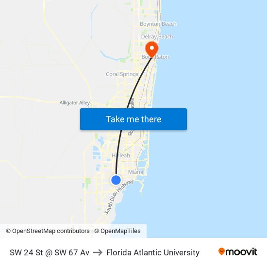 SW 24 St @ SW 67 Av to Florida Atlantic University map