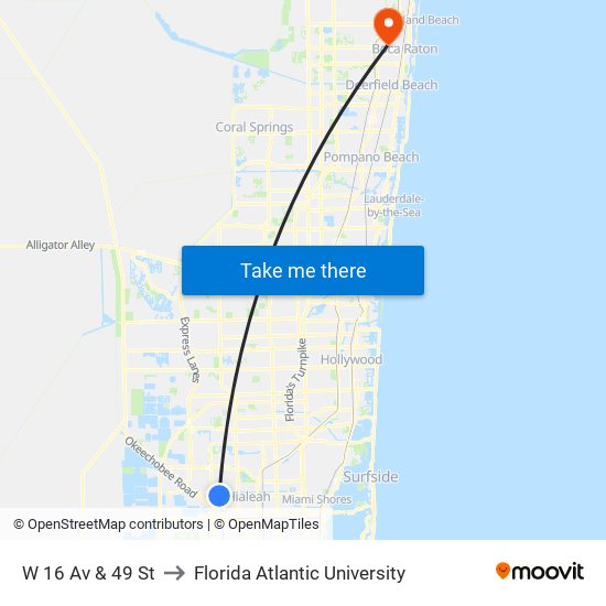 W 16 Av & 49 St to Florida Atlantic University map