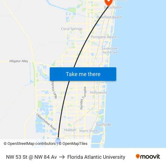 NW 53 St @ NW 84 Av to Florida Atlantic University map