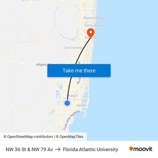 NW 36 St & NW 79 Av to Florida Atlantic University map