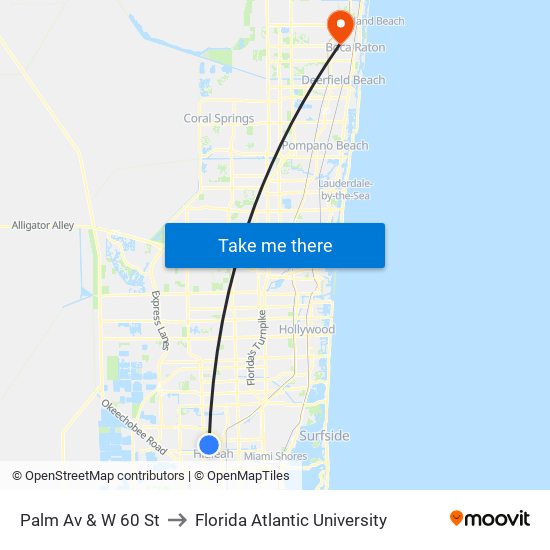 Palm Av & W 60 St to Florida Atlantic University map