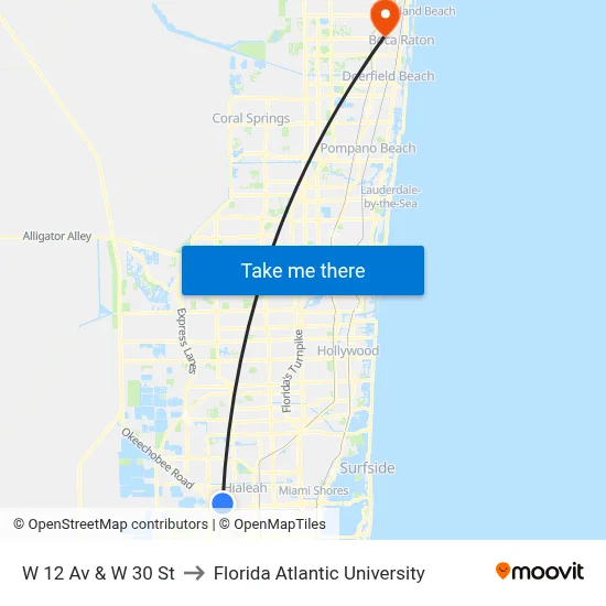 W 12 Av & W 30 St to Florida Atlantic University map