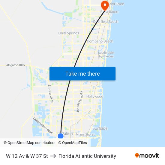 W 12 Av & W 37 St to Florida Atlantic University map