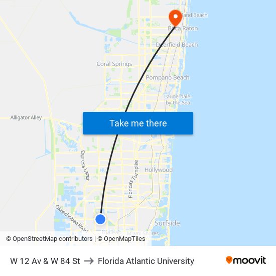 W 12 Av & W 84 St to Florida Atlantic University map