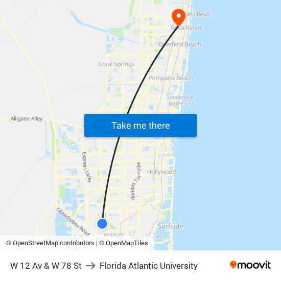 W 12 Av & W 78 St to Florida Atlantic University map