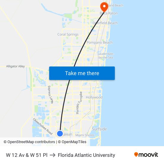 W 12 Av & W 51 Pl to Florida Atlantic University map