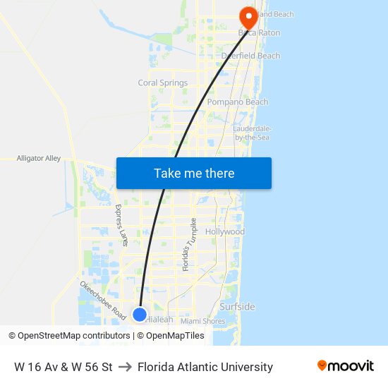 W 16 Av & W 56 St to Florida Atlantic University map