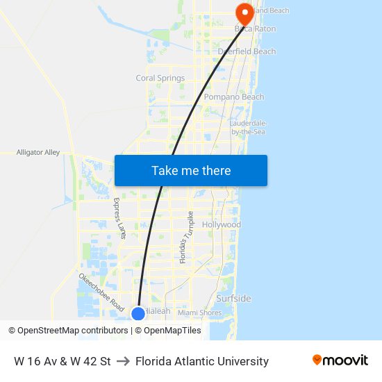 W 16 Av & W 42 St to Florida Atlantic University map