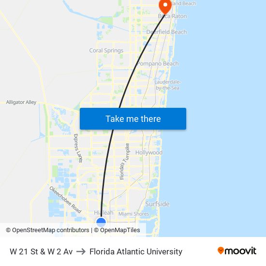 W 21 St & W 2 Av to Florida Atlantic University map