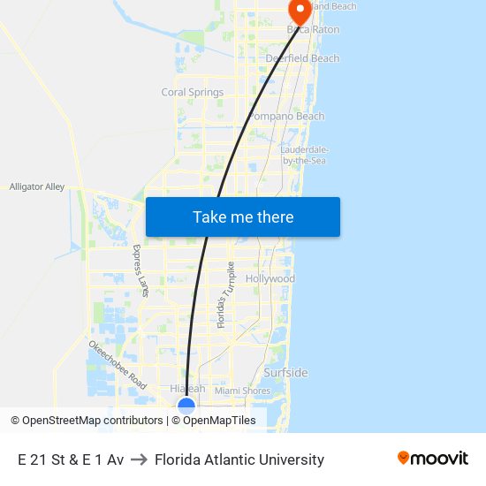 E 21 St & E 1 Av to Florida Atlantic University map